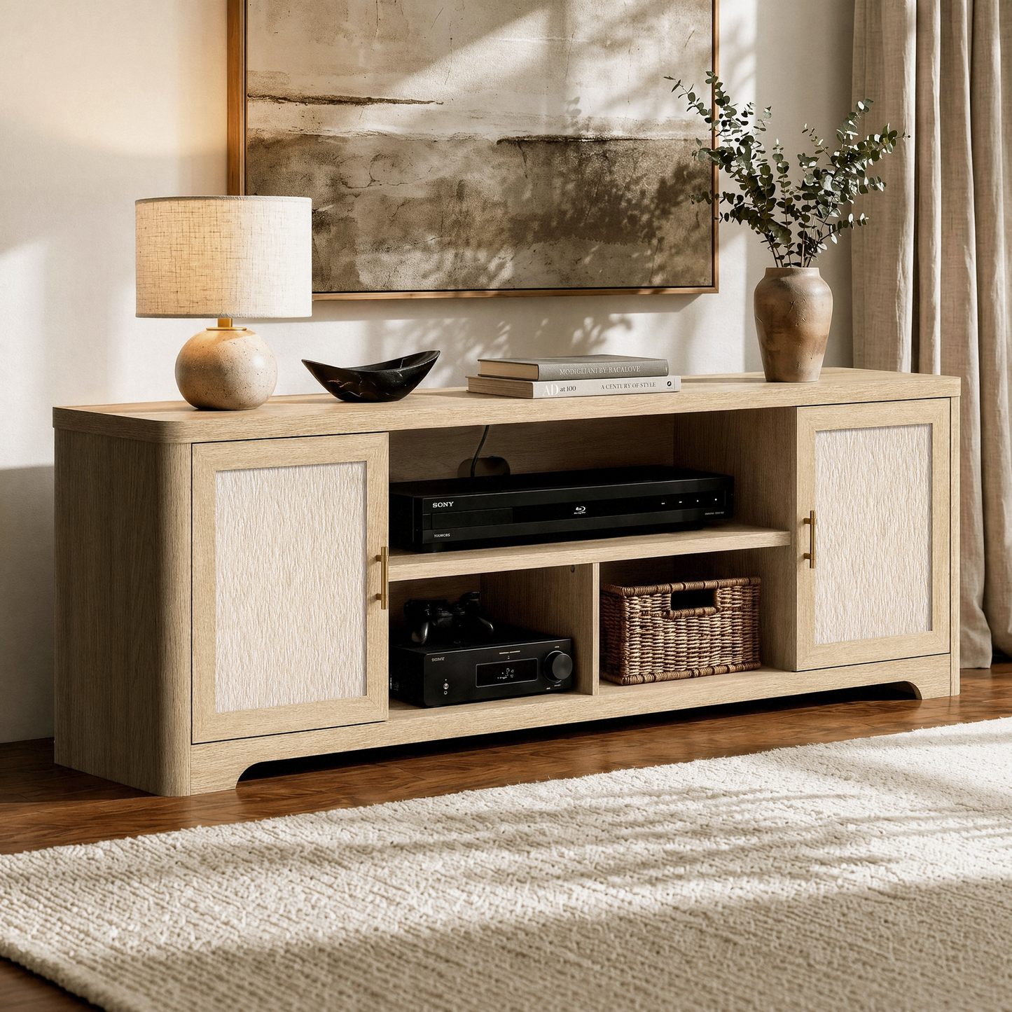 70-Inch Natural Oak-Look TV Stand with Charging Station and Adjustable Shelves, Media Console for TVs Up to 75 Inches