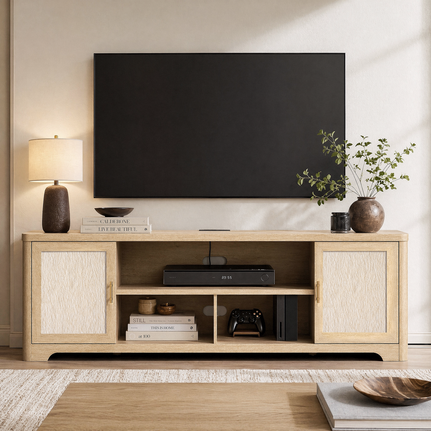 70-Inch Natural Oak-Look TV Stand with Charging Station and Adjustable Shelves, Media Console for TVs Up to 75 Inches