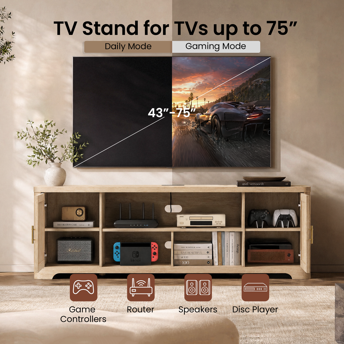 70-Inch Natural Oak-Look TV Stand with Charging Station and Adjustable Shelves, Media Console for TVs Up to 75 Inches