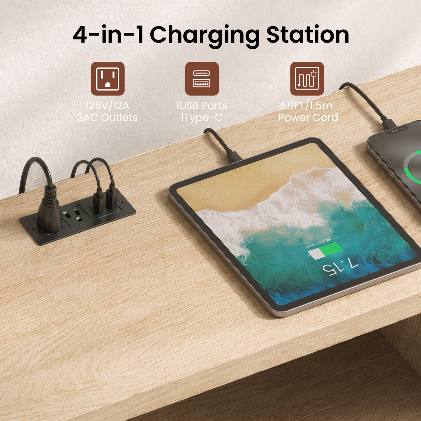 70-Inch Natural Oak-Look TV Stand with Charging Station and Adjustable Shelves, Media Console for TVs Up to 75 Inches