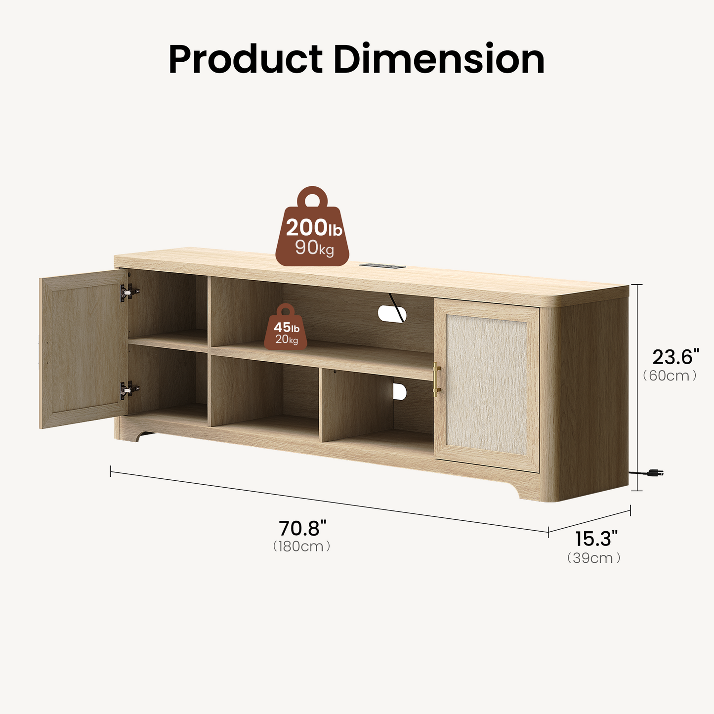 70-Inch Natural Oak-Look TV Stand with Charging Station and Adjustable Shelves, Media Console for TVs Up to 75 Inches