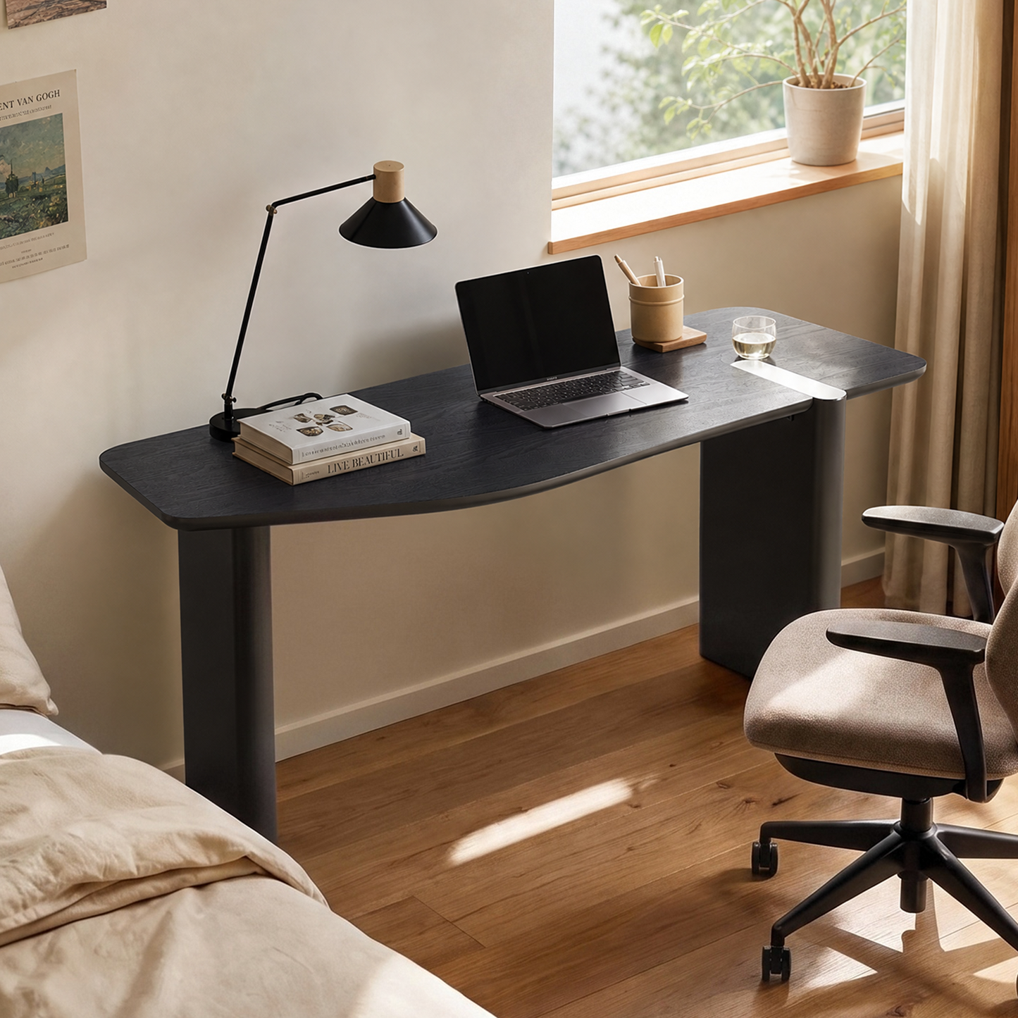 [Pre-Sale] 70.8-Inch Wide Black Elm Veneer Executive Office Desk with Built-In Charging Station