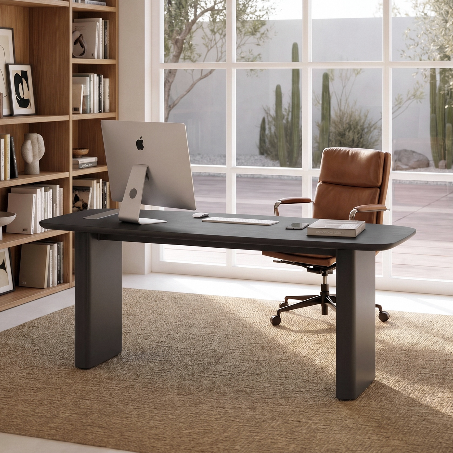 [Pre-Sale] 70.8-Inch Wide Black Elm Veneer Executive Office Desk with Built-In Charging Station