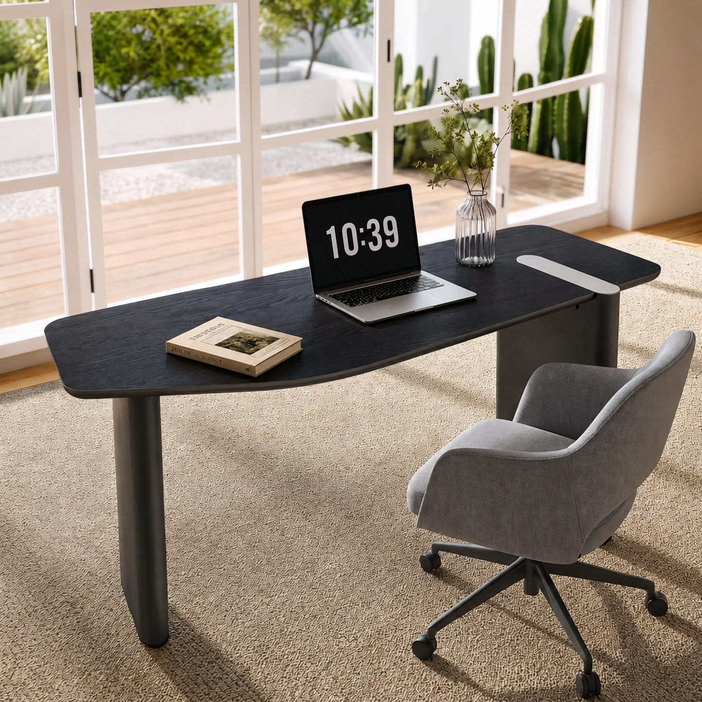[Pre-Sale] 70.8-Inch Wide Black Elm Veneer Executive Office Desk with Built-In Charging Station