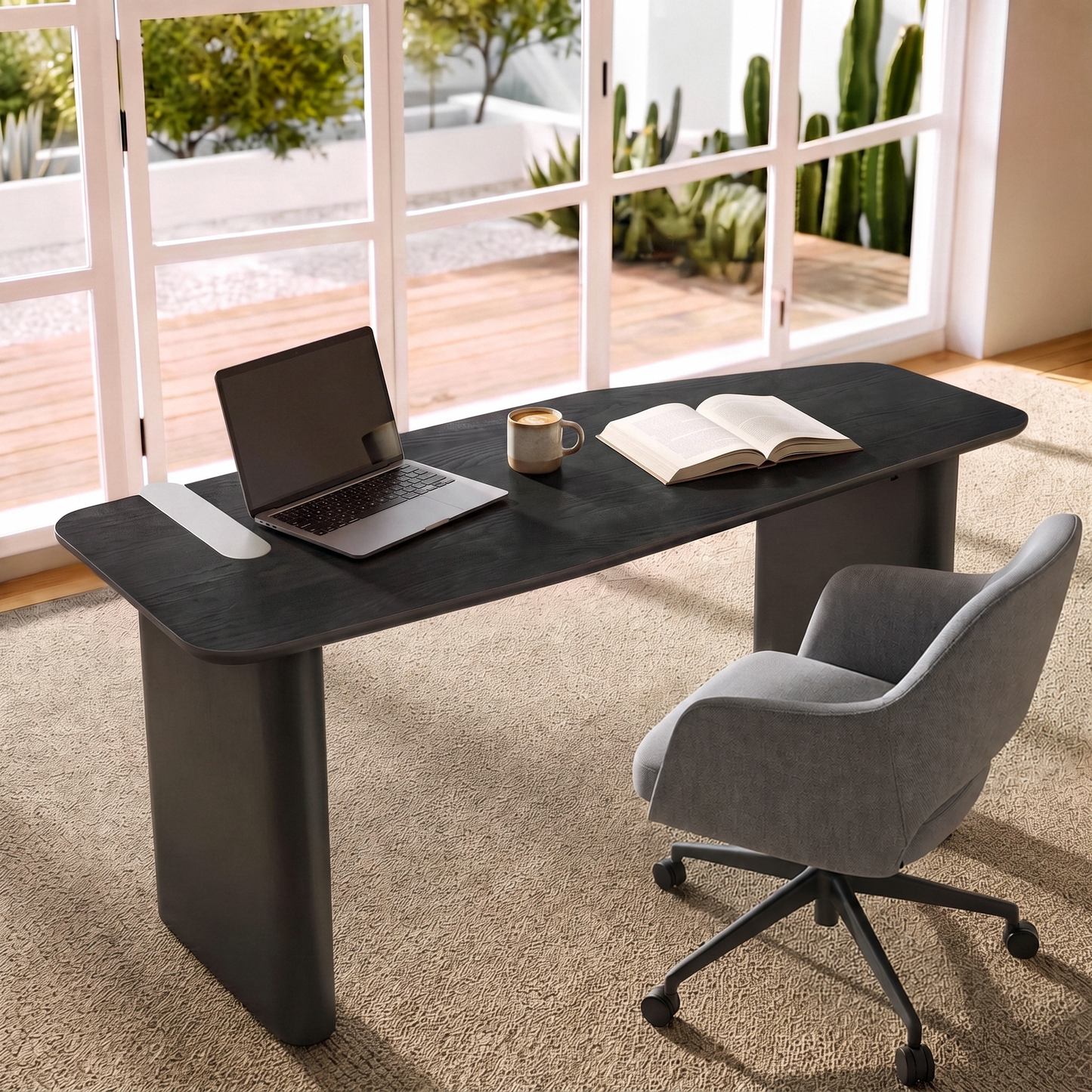 [Pre-Sale] 70.8-Inch Wide Black Elm Veneer Executive Office Desk with Built-In Charging Station