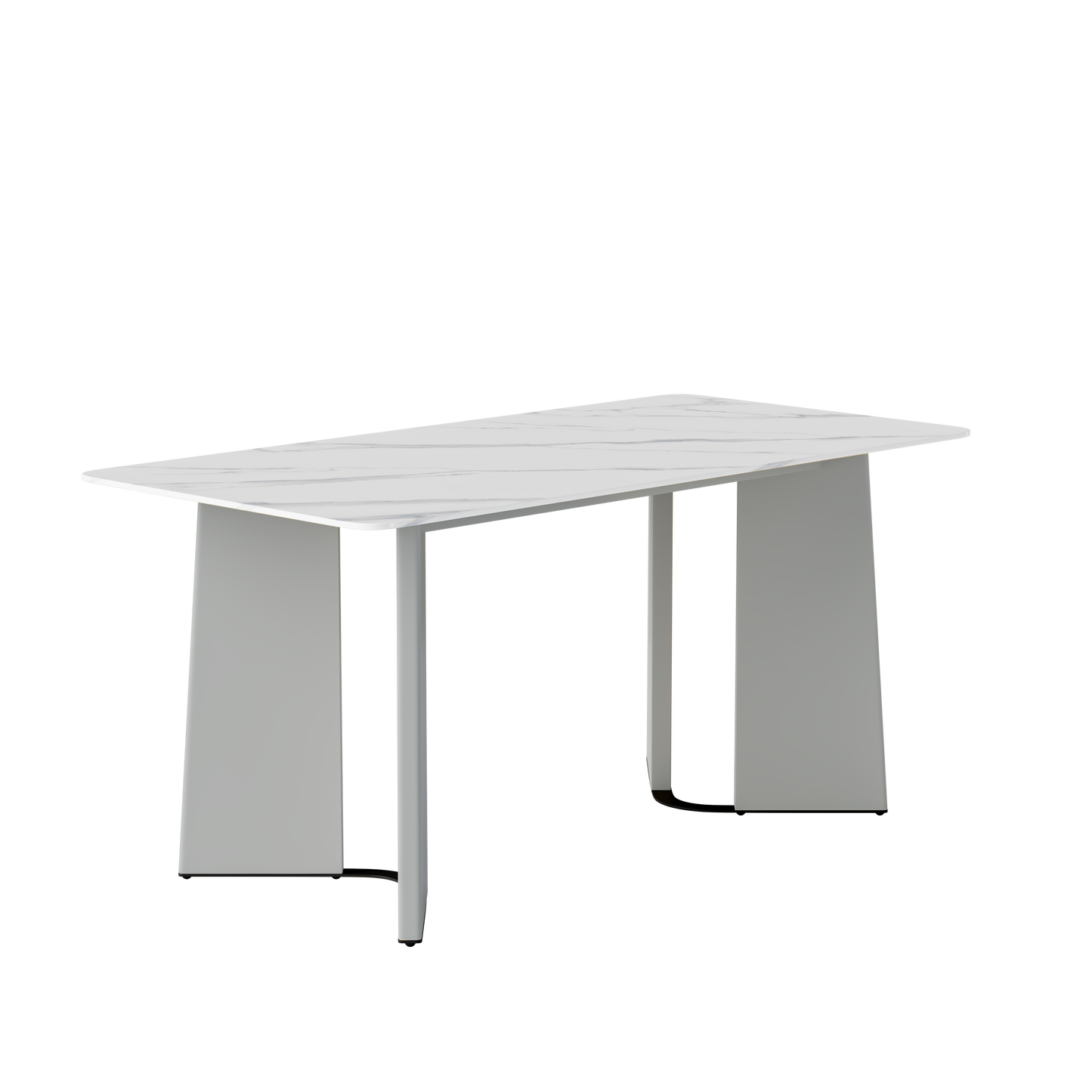 Rectangular table has a white veined top and gray angled panel legs