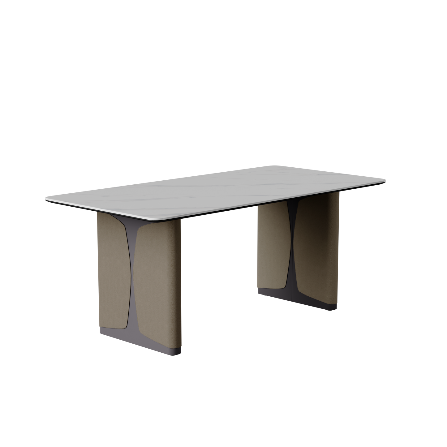 A rectangular dining table has a pale veined top and two sculpted pedestals with tan inset panels