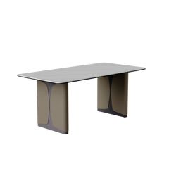 A rectangular dining table has a pale veined top and two sculpted pedestals with tan inset panels