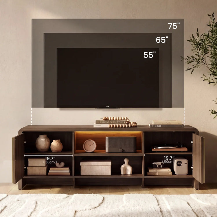 Fluted TV Stand 70" Media Console with LED, Caly Wood Storage Cabinet-Black Walnut