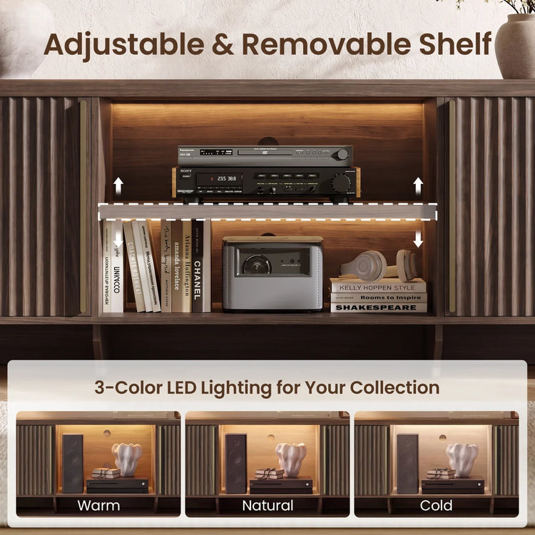 Fluted TV Stand 70" Media Console with LED, Caly Wood Storage Cabinet-Black Walnut