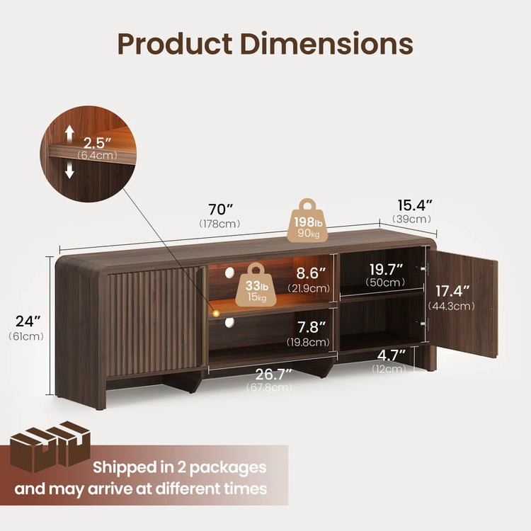 Fluted TV Stand 70" Media Console with LED, Caly Wood Storage Cabinet-Black Walnut