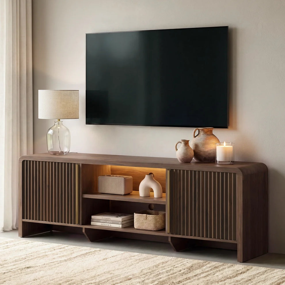 Fluted TV Stand 70" Media Console with LED, Caly Wood Storage Cabinet-Black Walnut