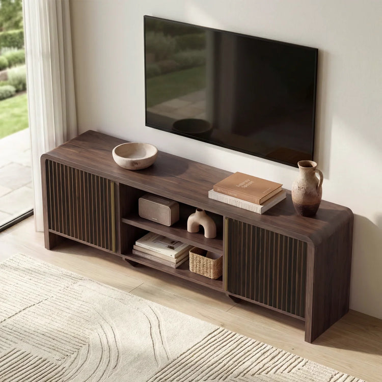 Fluted TV Stand 70" Media Console with LED, Caly Wood Storage Cabinet-Black Walnut