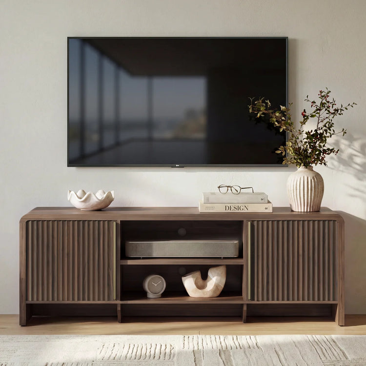 Fluted TV Stand 70" Media Console with LED, Caly Wood Storage Cabinet-Black Walnut