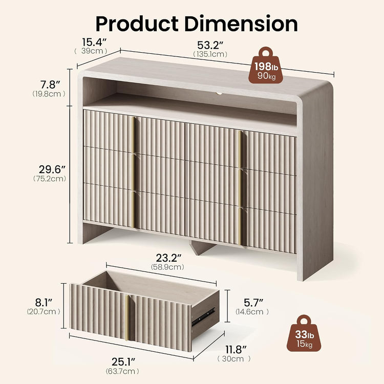 Caly 53.2" White Alder Finish Fluted 6 Drawer Dresser with Open Shelf