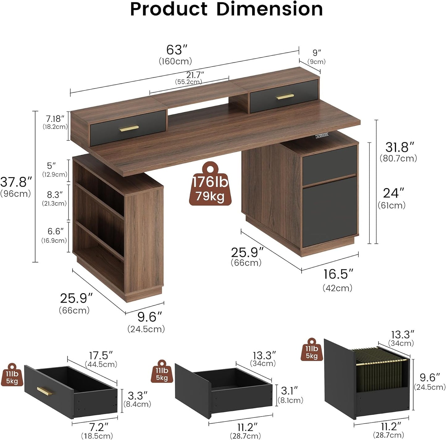 63" Electric Executive Standing Desk with LED Lighting, Monitor Riser & File Cabinet, Black Walnut