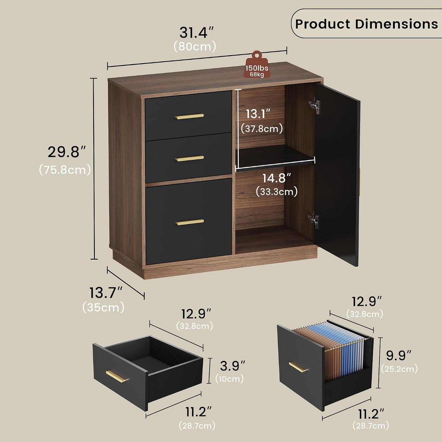 31.5" Office Storage Cabinet with 3 Drawers