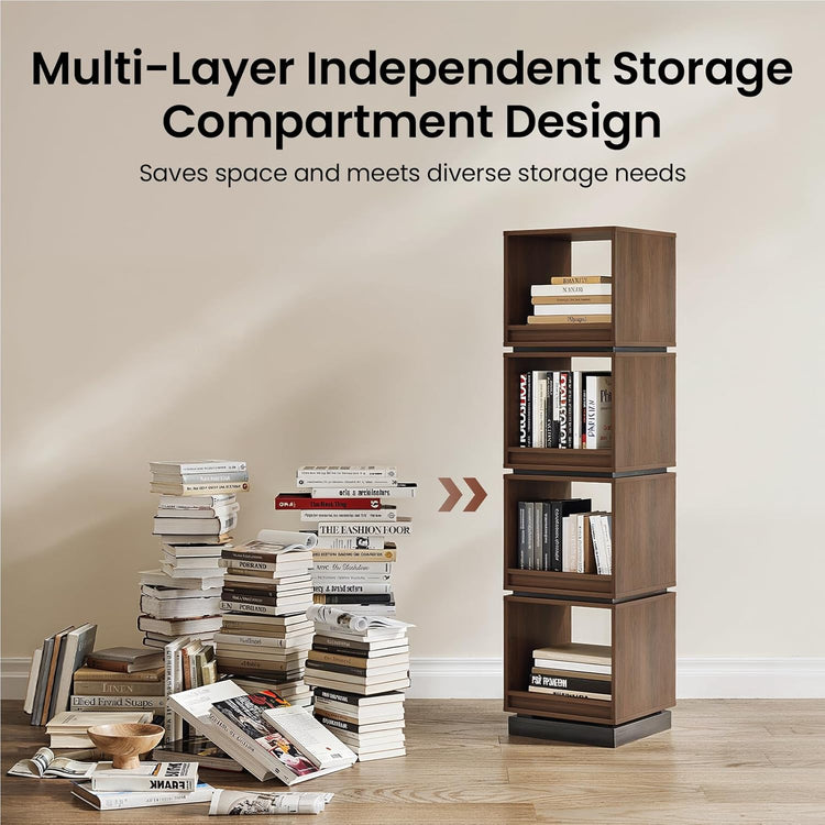 4-Tier 360° Rotating Bookshelf Tower, 59" Wood Organizer Black Walnut