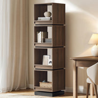 Four open dark wood cube shelves are stacked vertically and styled with books, framed art, a basket, and small decor