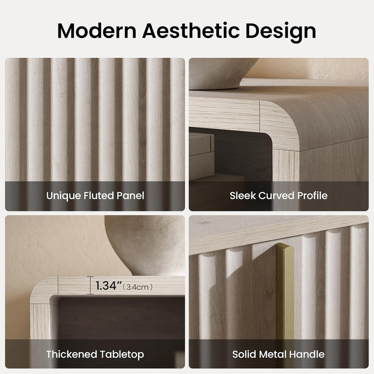 Four close-up panels show a pale cabinet's fluted front, curved corner, thick top, and gold-colored pull