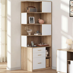 Tall light wood-grain shelving unit with white doors and drawers displays a turntable, books, vases, and small electronics