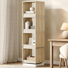 Tall narrow shelving cabinet displayed beside a desk