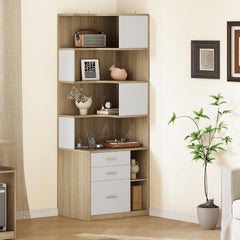 Tall corner unit combines open shelves and three drawers, White panels frame wood-grain compartments