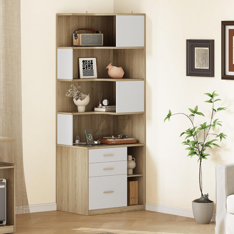 Tall corner unit combines open shelves and three drawers, White panels frame wood-grain compartments
