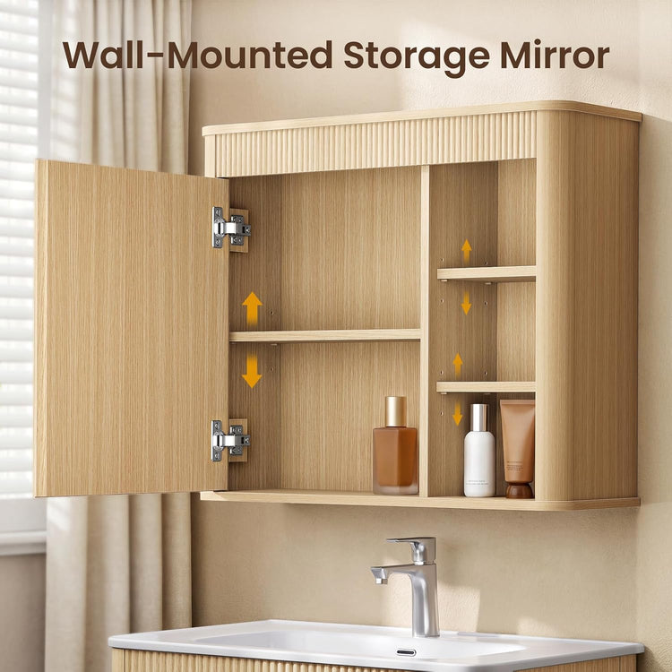 30" Floating Bathroom Vanity and Mirror Medicine Cabinet Combo, Fluted Solid Wood Wall Mounted Set