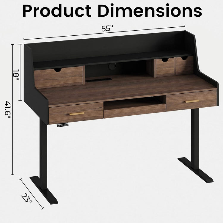 Diagram of a desk with an upper shelf, drawers, and measurement labels showing 55 inches wide, 47.6 inches high, 25 inches deep, and an 18-inch upper section.