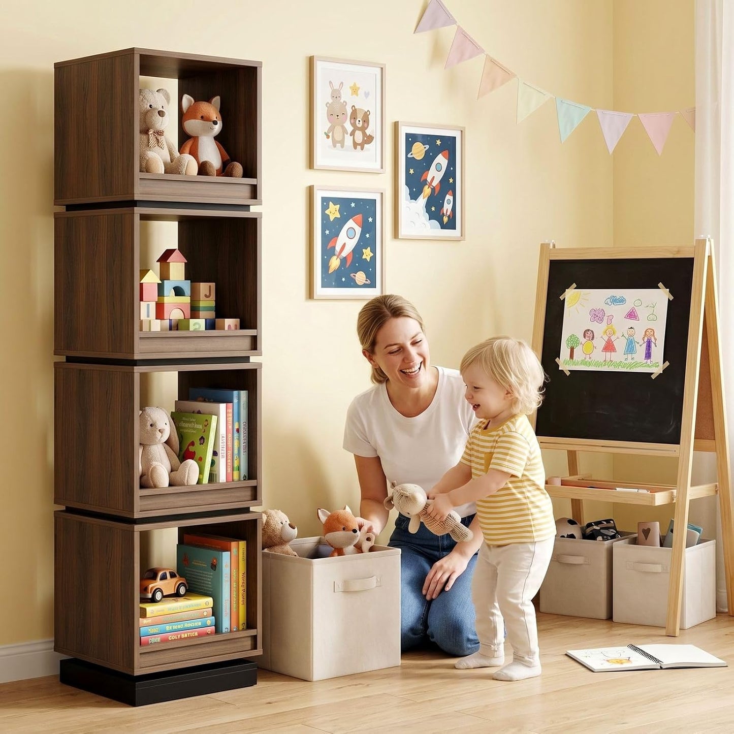 4-Tier 360° Rotating Bookshelf Tower, 59" Wood Organizer
