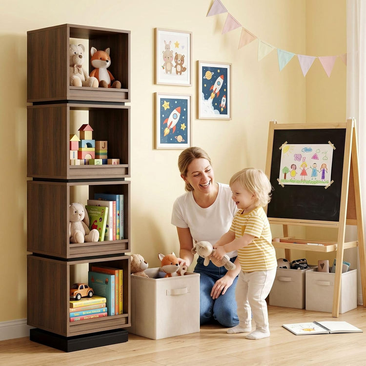 4-Tier 360° Rotating Bookshelf Tower, 59" Wood Organizer Black Walnut