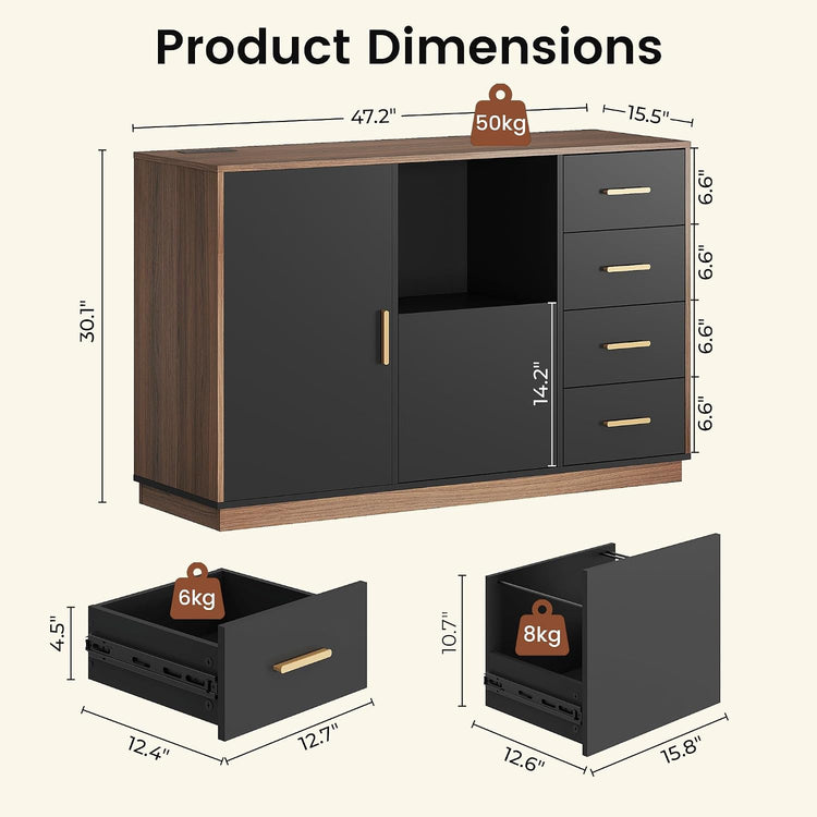 47.2" File Cabinet with 5 Drawer & Door, Charging Station