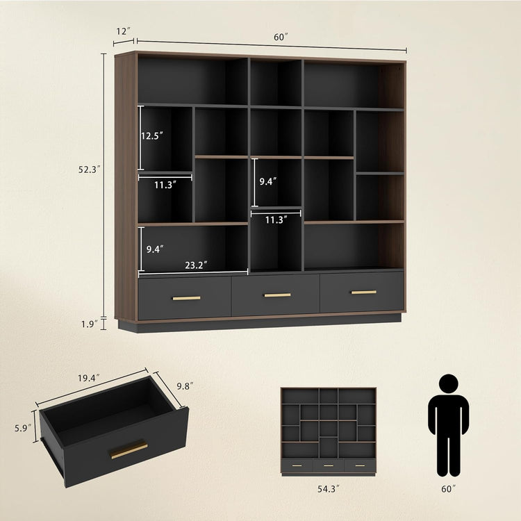 [Pre-Sale] 60" Bookshelf with Drawers, Black Walnut Cube Storage Organizer