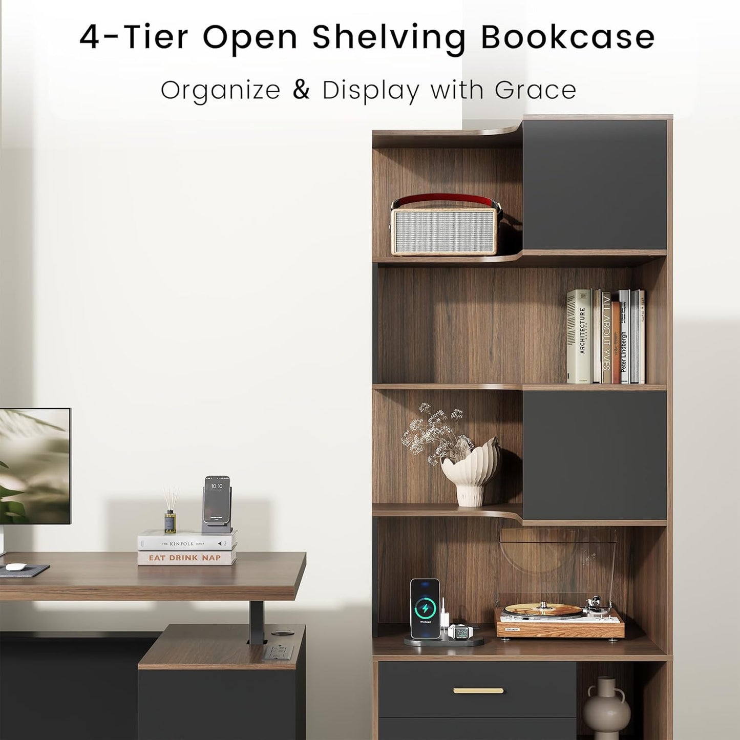 74.4" Tall L-Shaped Corner Bookshelf, 7-Tier Bookcase Black Walnut