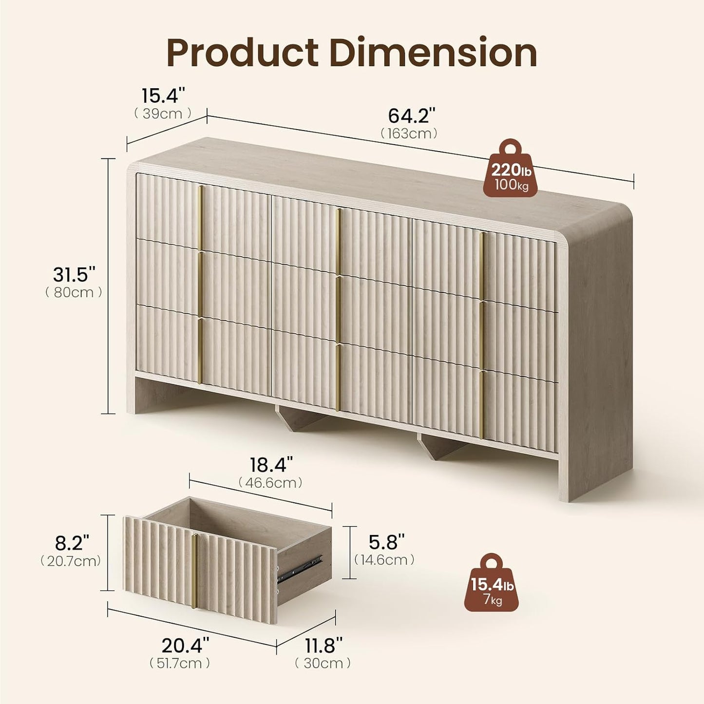 Caly  64.2" Modern Fluted 9 Drawer Dresser Clothes Storage Cabinet