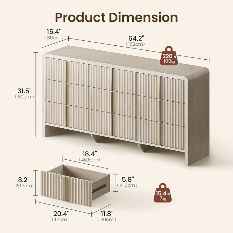 Caly  64.2" Modern Fluted 9 Drawer Dresser Clothes Storage Cabinet