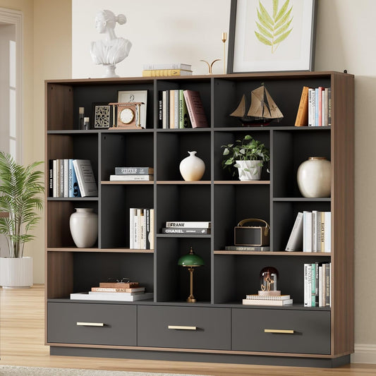 60" Bookshelf with Drawers, Black Walnut Cube Storage Organizer