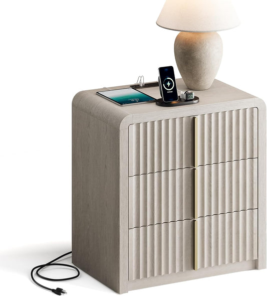Caly 23.6" Modern Nightstand Fluted Wood Bedside Table