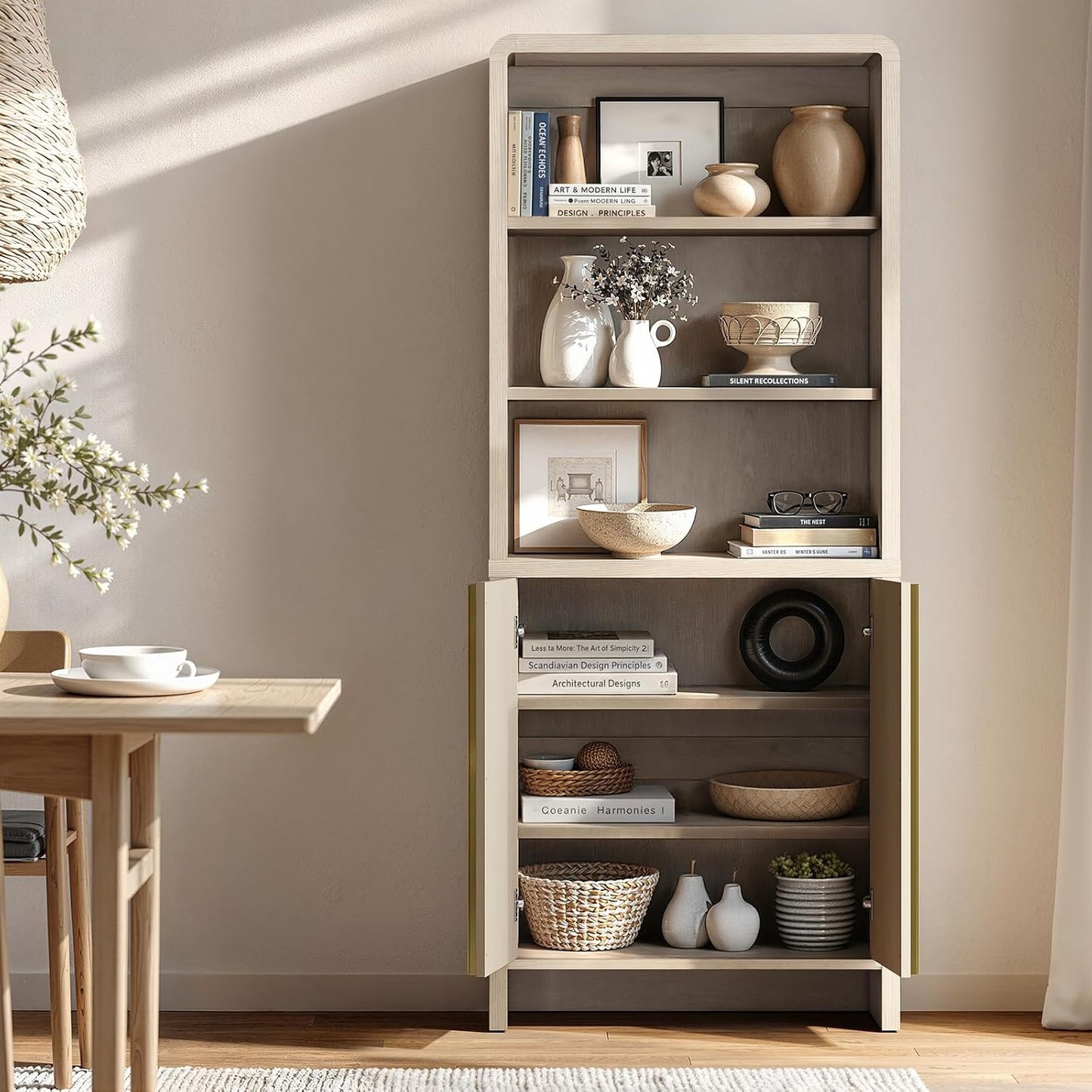 Caly 74.1" Fluted Tall Bookcase with Doors, 6 Tier Bookshelf