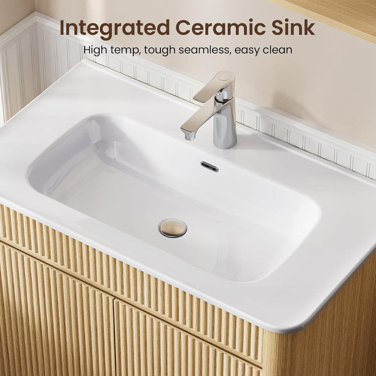 30" Floating Bathroom Vanity and Mirror Medicine Cabinet Combo, Fluted Solid Wood Wall Mounted Set