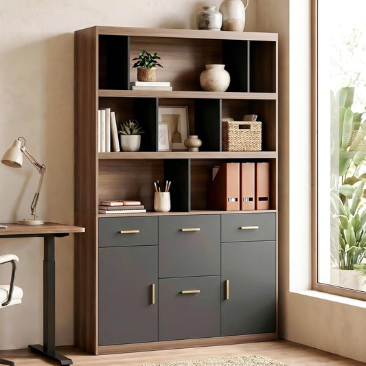 Wood storage cabinet with open shelves, gray doors and drawers, styled in a home office.
