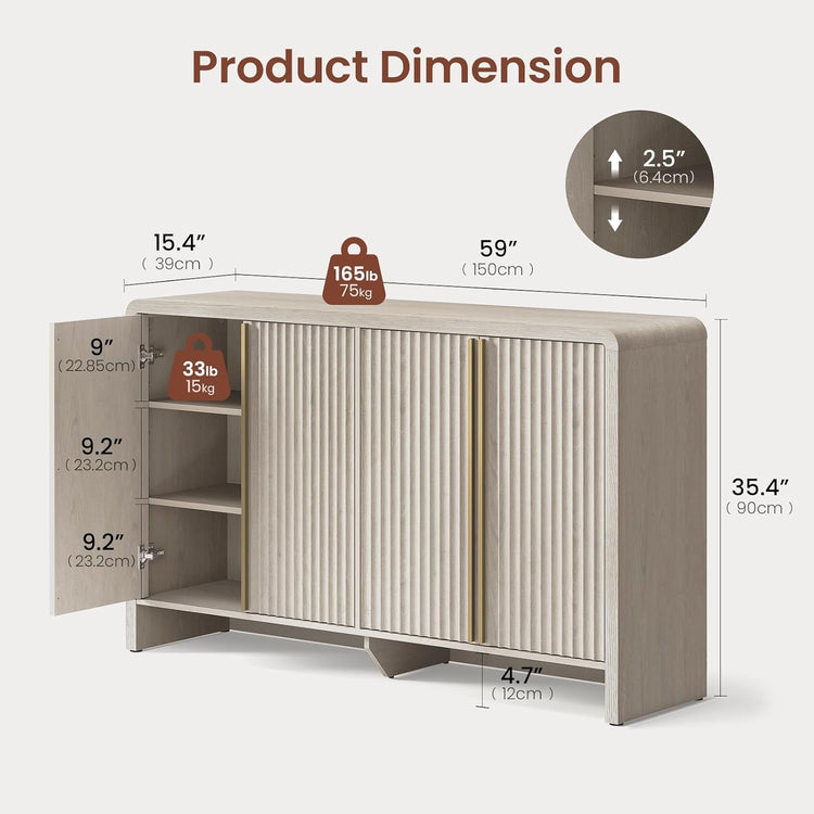 Caly 59" Modern Fluted Wooden Buffet Cabinet with 4 Doors