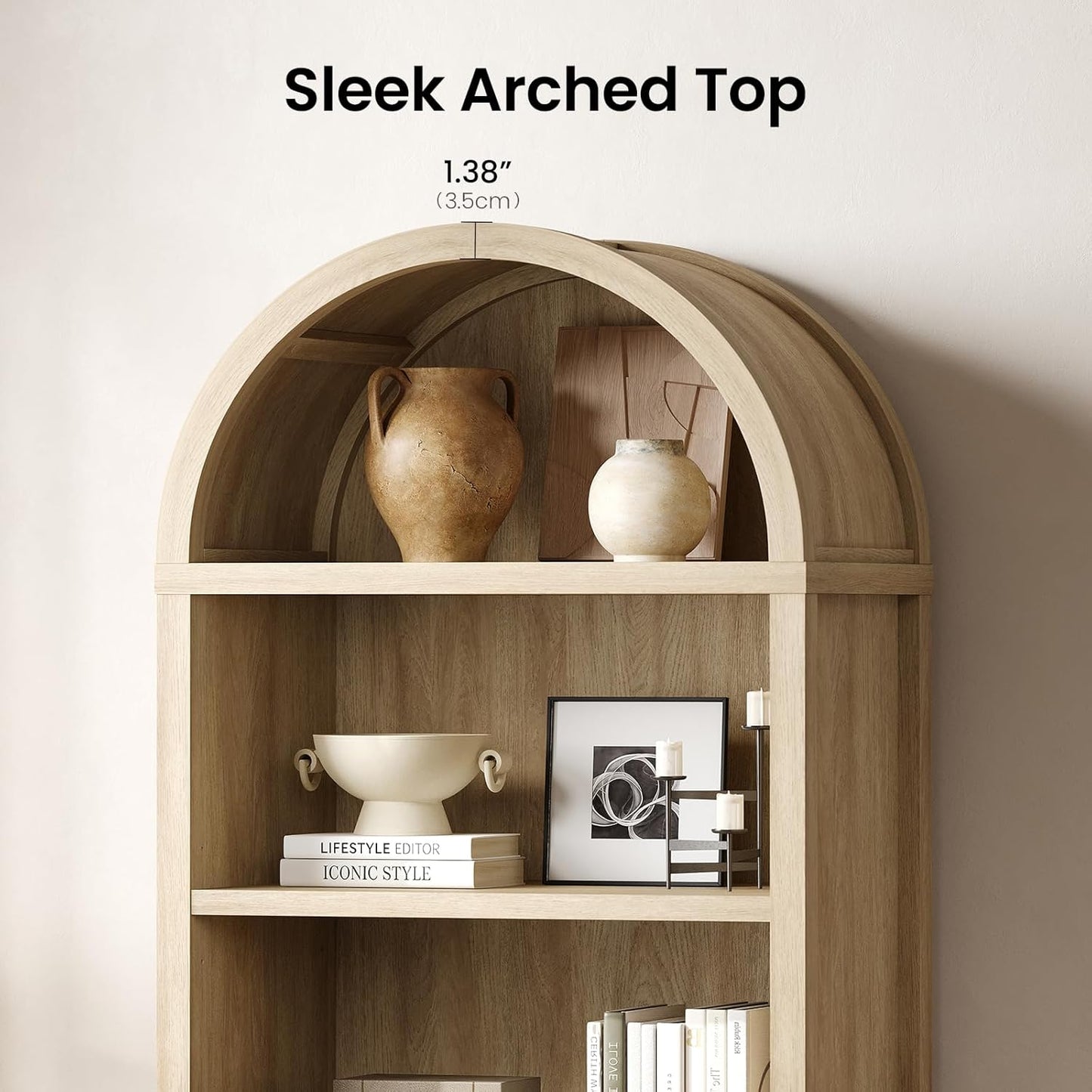 76" Tall Arched Bookcase, 5 Tier Fluted Cabinet with Doors & Adjustable Shelves