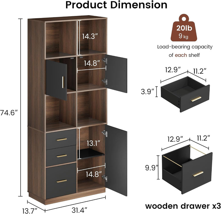 74.6" Tall Bookcase with 3 Drawers & Doors, Modern Bookshelf with Adjustable Shelves