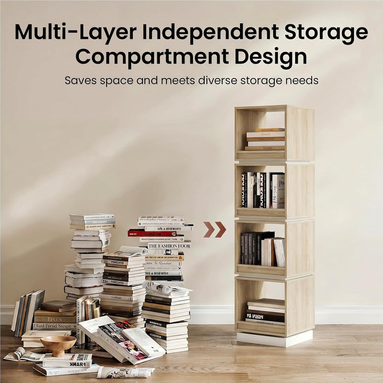 4-Tier 360° Rotating Bookshelf Tower, 59" Wood Organizer Light Walnut