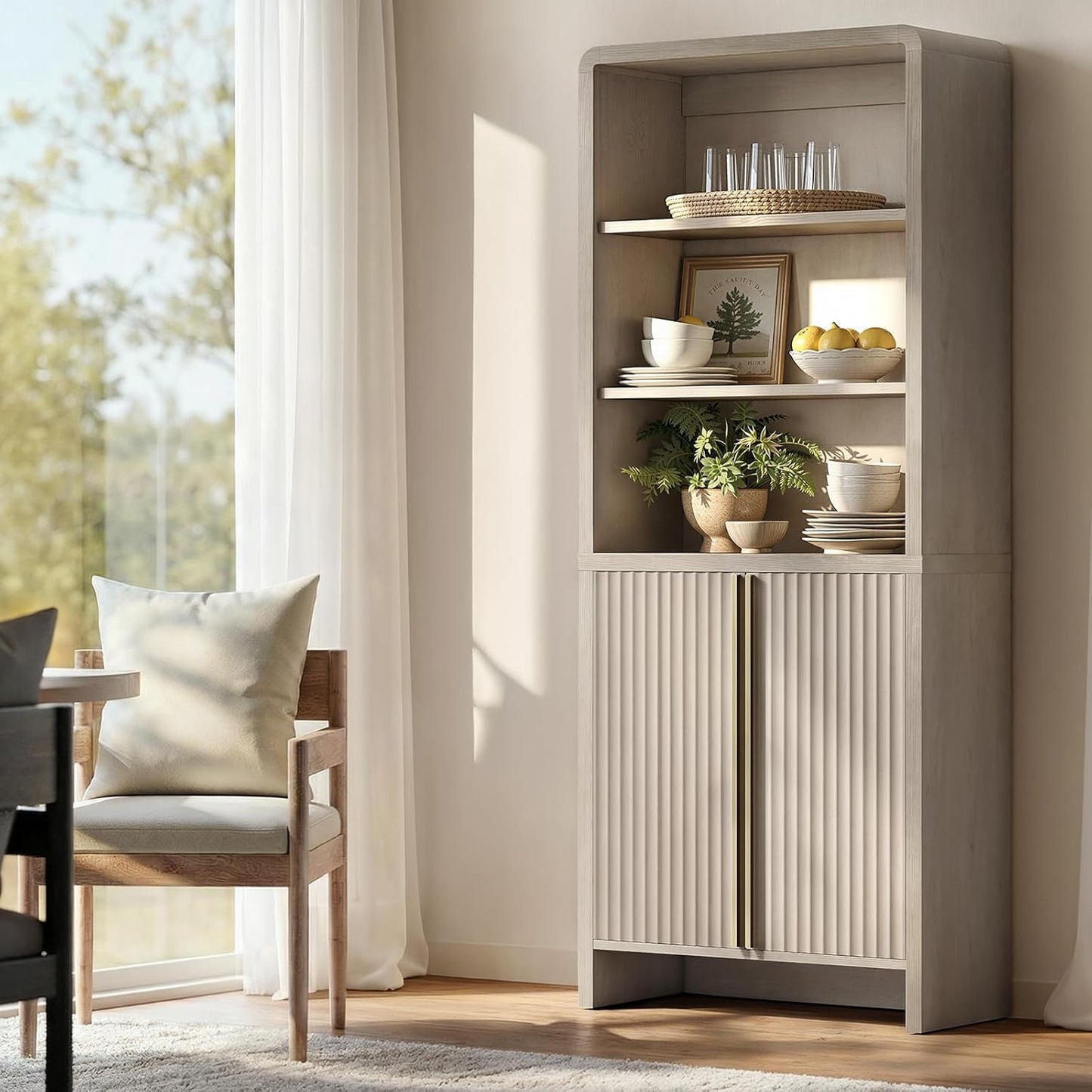 Caly 74.1" Fluted Tall Bookcase with Doors, 6 Tier Bookshelf