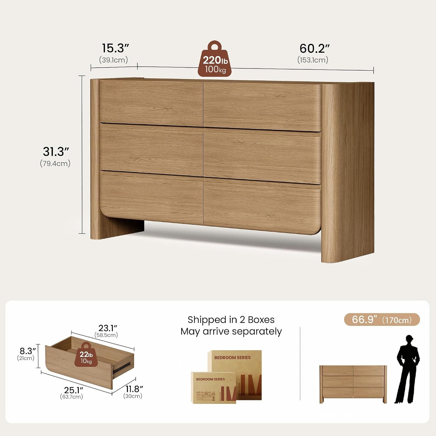 55" 6 Drawer Dresser Thick Rounded Side Panels Drawers