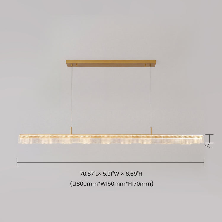 Diagram of a long illuminated pendant light with textured clear panels, a gold-colored rectangular ceiling mount, thin suspension cables and dimension lines.