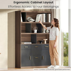Woman reaching for a book on a tall wood cabinet with shelves and drawers.